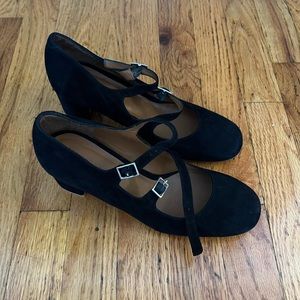 By Far Emmanuella double-strap heels in black suede, EU 38 / US 7.5-8. Brand new